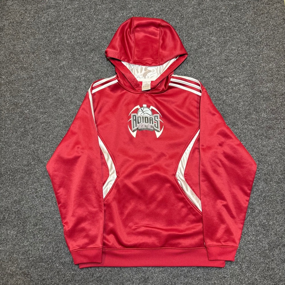 Adidas Basketball Hoodie Red White Stripe Graphic Logo Sweatshirt XL Kids L Mens